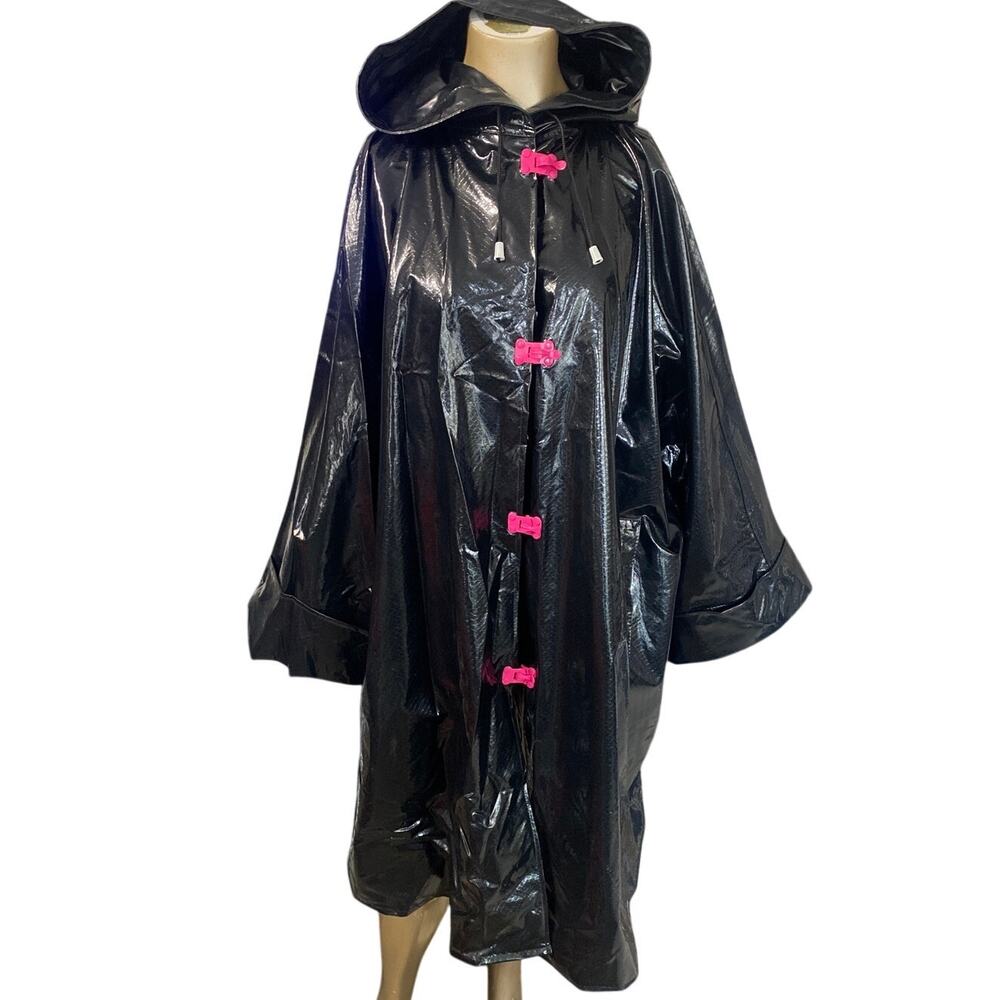 Vtg Slippery When Wet Wippette Black Snakeskin Vinyl Raincoat Pink Buckles OS